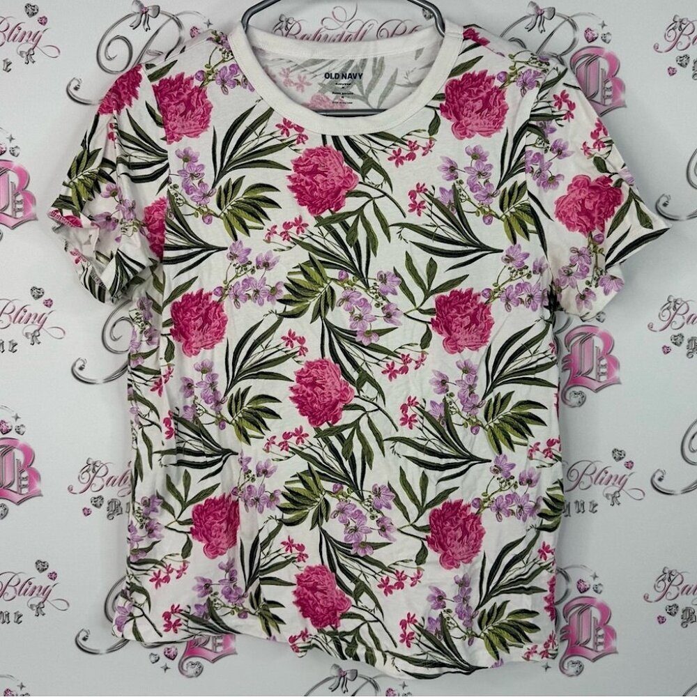 Old Navy tshirt tee tropical floral print flowers Pink and Green Floral Tee